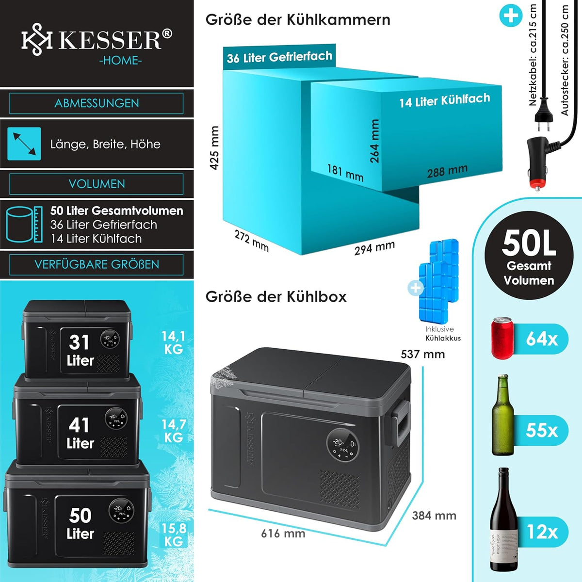 KESSER® Kompressor Kühlbox 2in1 Doppelzone Kühl & Gefrierfach elektrische Gefrierbox mit 2x Kühlakkus & LED-Touch-Bedienung | Kühlschrank Kühlung bis -20 °C für Camping, Auto, Lkw 12/24V 230V
