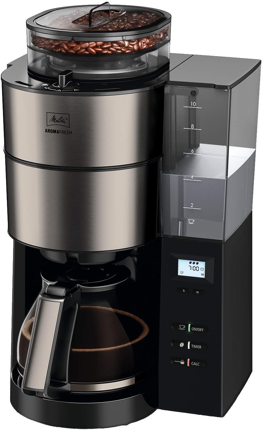 Melitta AromaFresh - Filterkaffeemaschine - mit Glaskanne - integriertes Mahlwerk - Timer Funktion - 10 Tassen - Pure Black