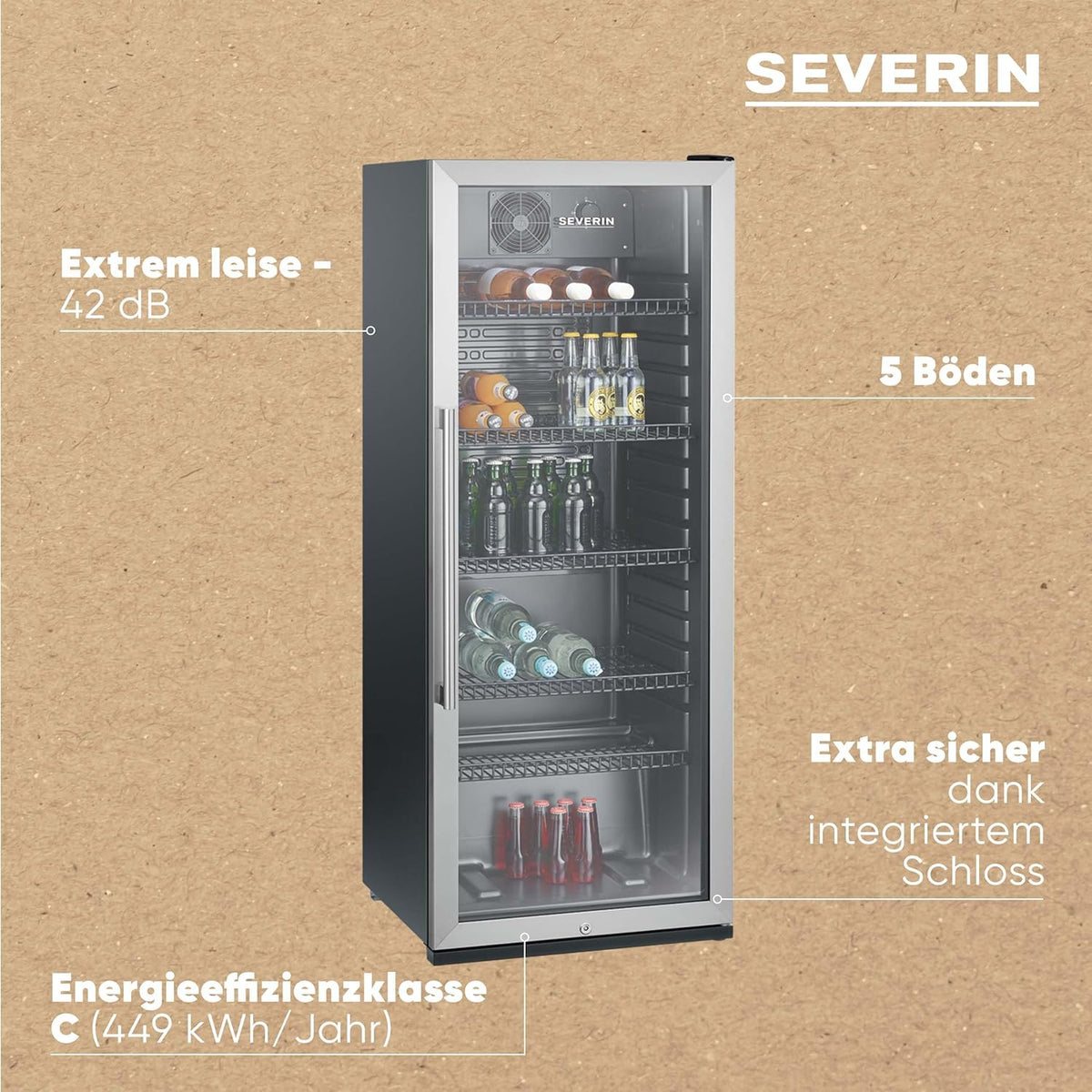 SEVERIN Flaschenkühlschrank, mit integriertem Schloss und integrierter LED-Beleuchtung, 118 L Nutzinhalt, schwarz/silber, FSK 8840