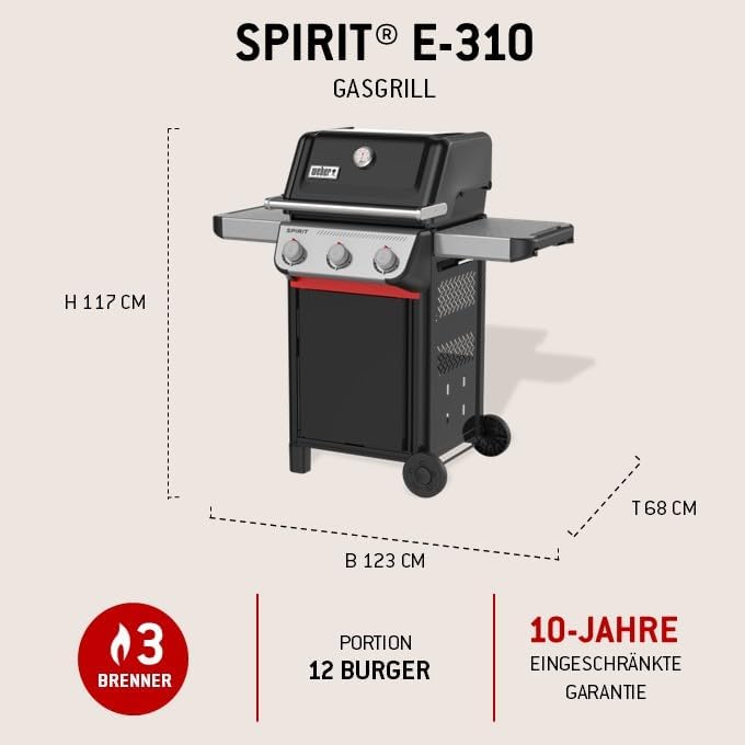 Weber Spirit E-310 Gasgrill / 3 Brenner, Snap-Jet Zündung, Robuste Räder und Warmhalterost, 51 x 46 cm Grillfläche, Kompatibel mit Weber Works Seitenablagen, Schwarz/Silber