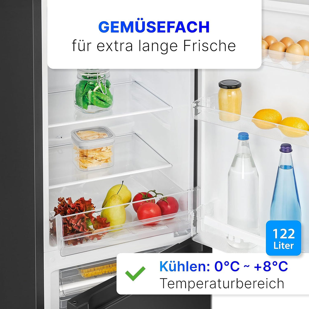 Bomann® Kühlschrank mit Gefrierfach 143cm hoch | Kühl Gefrierkombination 175L mit 3 Ablagen & 3 Schubladen | Türanschlag wechselbar | leise Kühlgefrierkombi 39db | Kühlschrank KG 322.1 inox-look