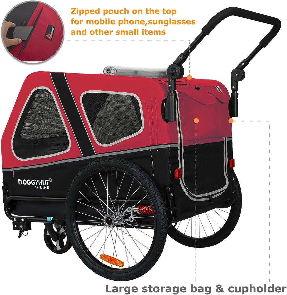 Doggyhut S-Line XL Hundeanhänger & Hundebuggy mit Federung 2 in 1 Hunde Fahrradanhänger Jogger gefedert bis 45 kg