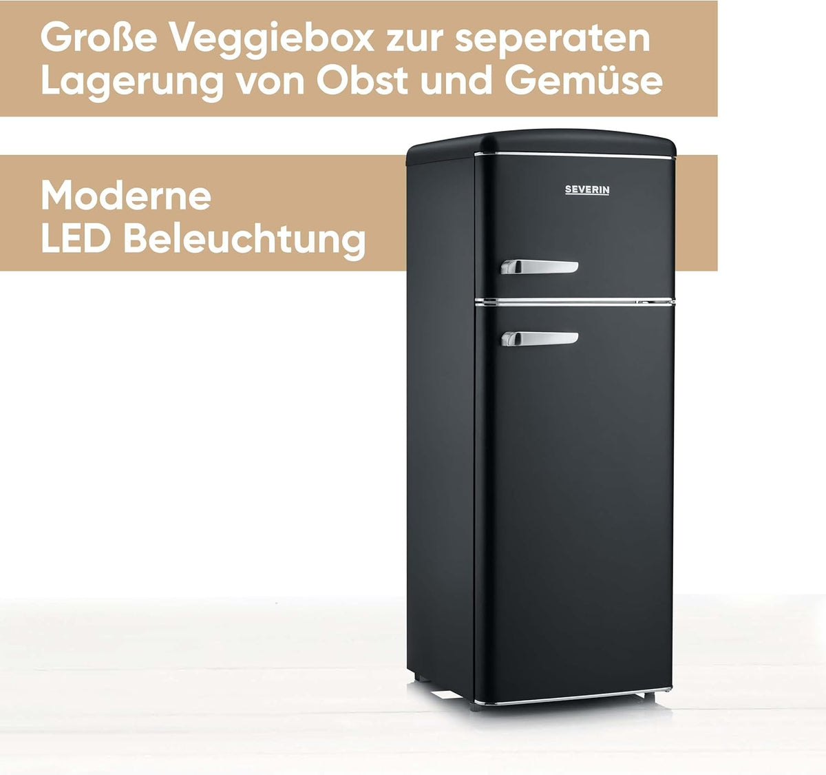SEVERIN Retro - Kühl-/ Gefrierkombination, platzsparendes Raumwunder, 4 x höhenverstellbare Abstellflächen und eine große Veggiebox, 206 L Nutzinhalt, creme, RKG 8933