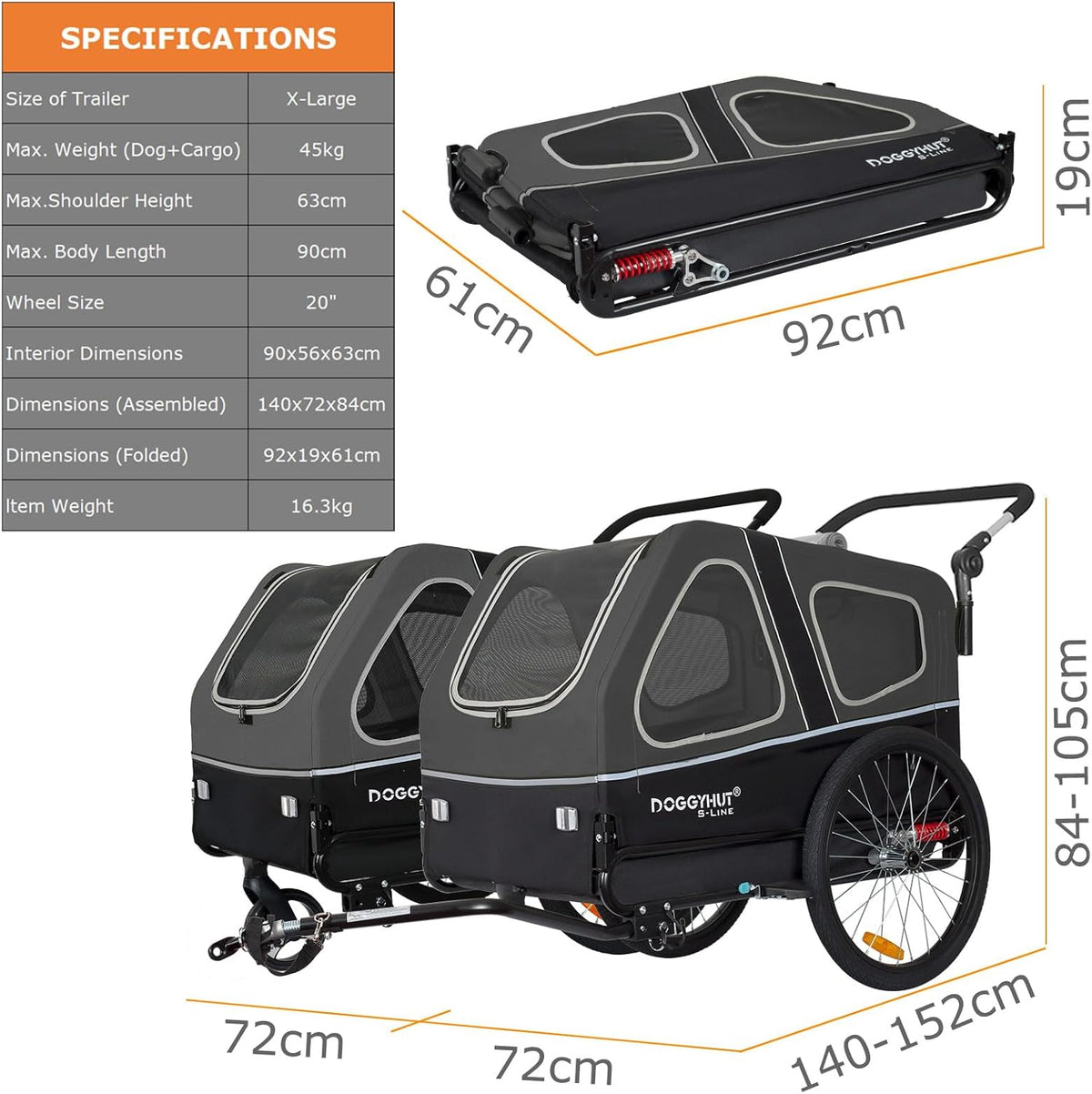 Doggyhut S-Line XL Hundeanhänger & Hundebuggy mit Federung 2 in 1 Hunde Fahrradanhänger Jogger gefedert bis 45 kg