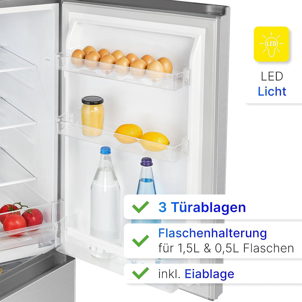 Bomann® Kühlschrank mit Gefrierfach 143cm hoch | Kühl Gefrierkombination 175L mit 3 Ablagen & 3 Schubladen | Türanschlag wechselbar | leise Kühlgefrierkombi 39db | Kühlschrank KG 322.1 inox-look