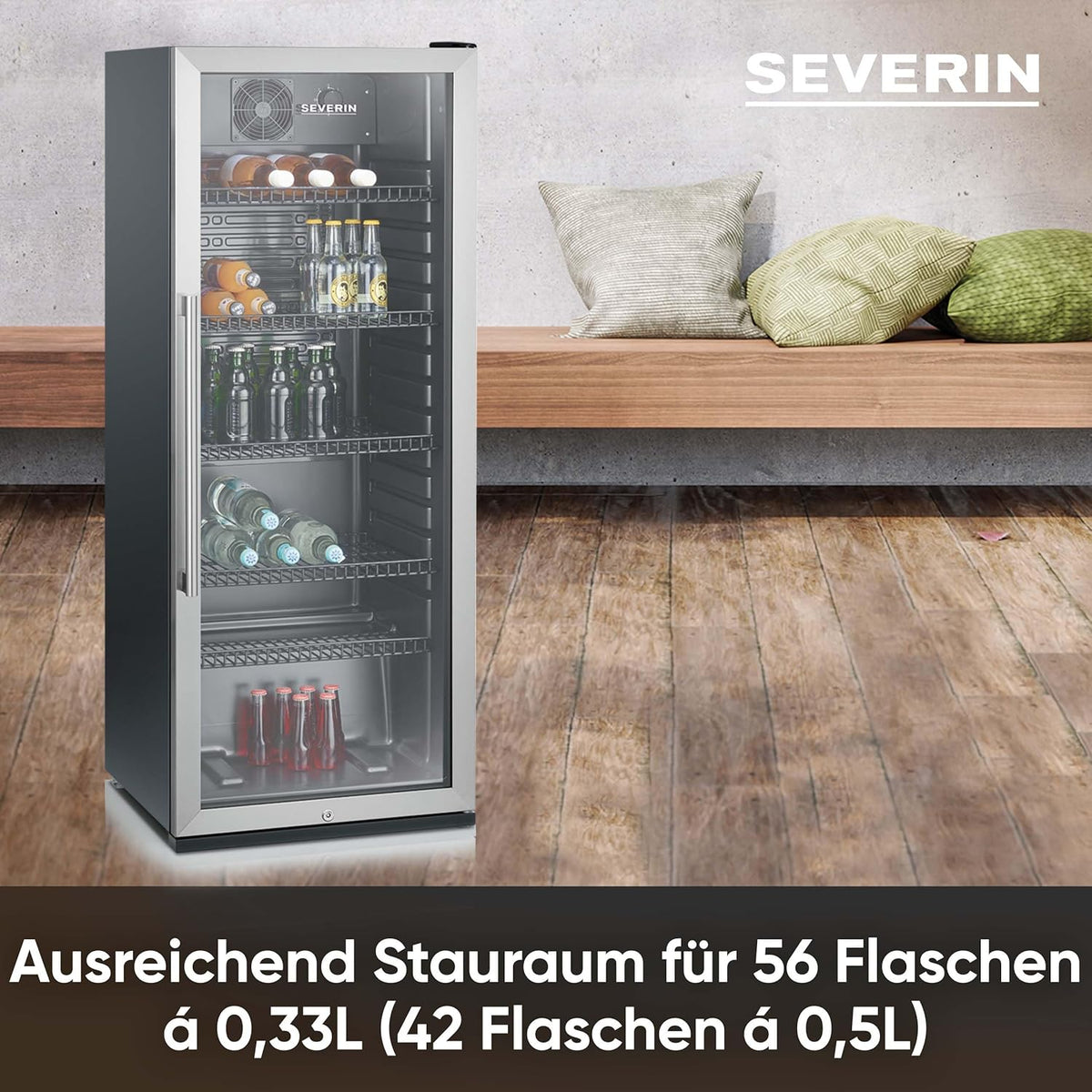 SEVERIN Flaschenkühlschrank, mit integriertem Schloss und integrierter LED-Beleuchtung, 118 L Nutzinhalt, schwarz/silber, FSK 8840