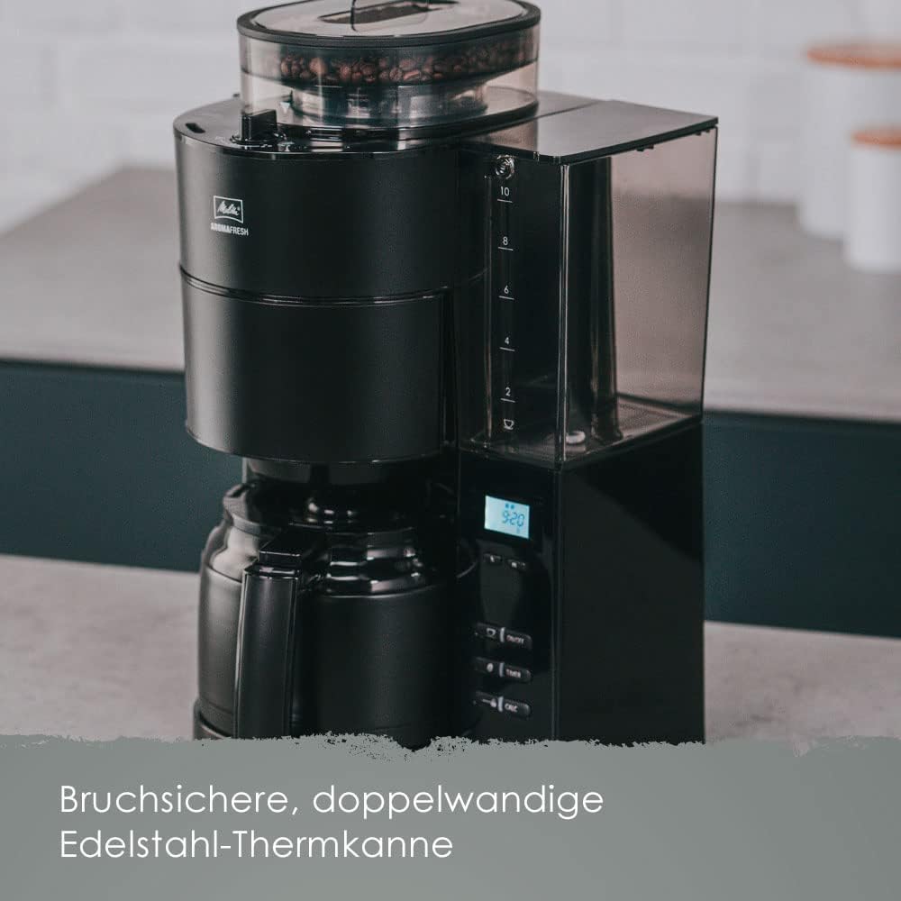 Melitta AromaFresh - Filterkaffeemaschine - mit Glaskanne - integriertes Mahlwerk - Timer Funktion - 10 Tassen - Pure Black