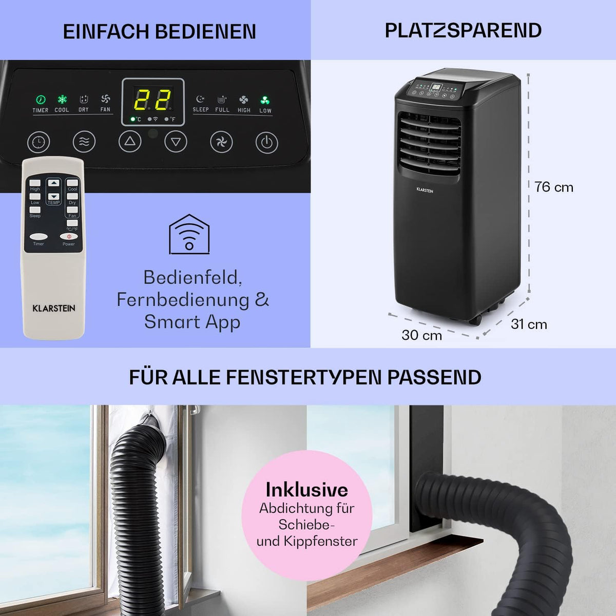 Klarstein Klimaanlage, 4-in-1 Klimagerät, Entfeuchter, Ventilator & Nachtmodus, Mobile Klimaanlage mit Abluftschlauch, App-Steuerung, Air Conditioner für Räume bis 44 m², 9000 BTU, Weiß
