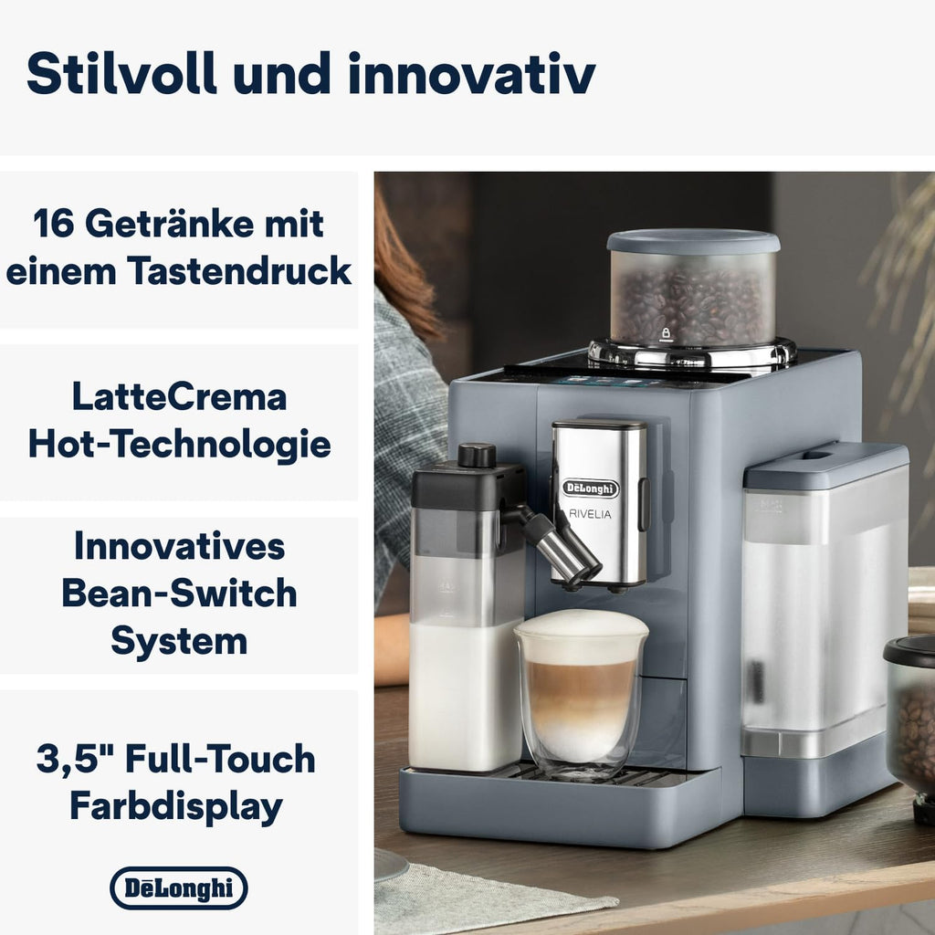 De'Longhi Rivelia EXAM440.55.W Kaffeevollautomat mit LatteCrema Milchsystem, Wechselbarer Bohnenbehälter, 16 Kaffee- & Milchgetränke auf Knopfdruck, Extra-Shot-Funktion, 3,5 Touch-Display, Weiß