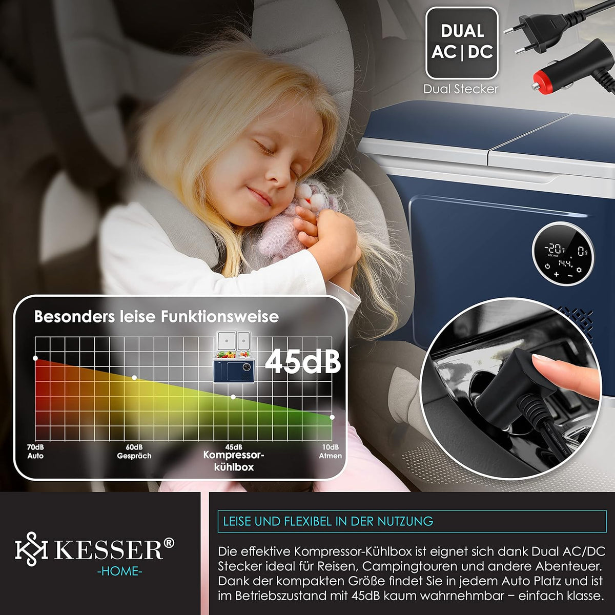 KESSER® Kompressor Kühlbox 2in1 Doppelzone Kühl & Gefrierfach elektrische Gefrierbox mit 2x Kühlakkus & LED-Touch-Bedienung | Kühlschrank Kühlung bis -20 °C für Camping, Auto, Lkw 12/24V 230V