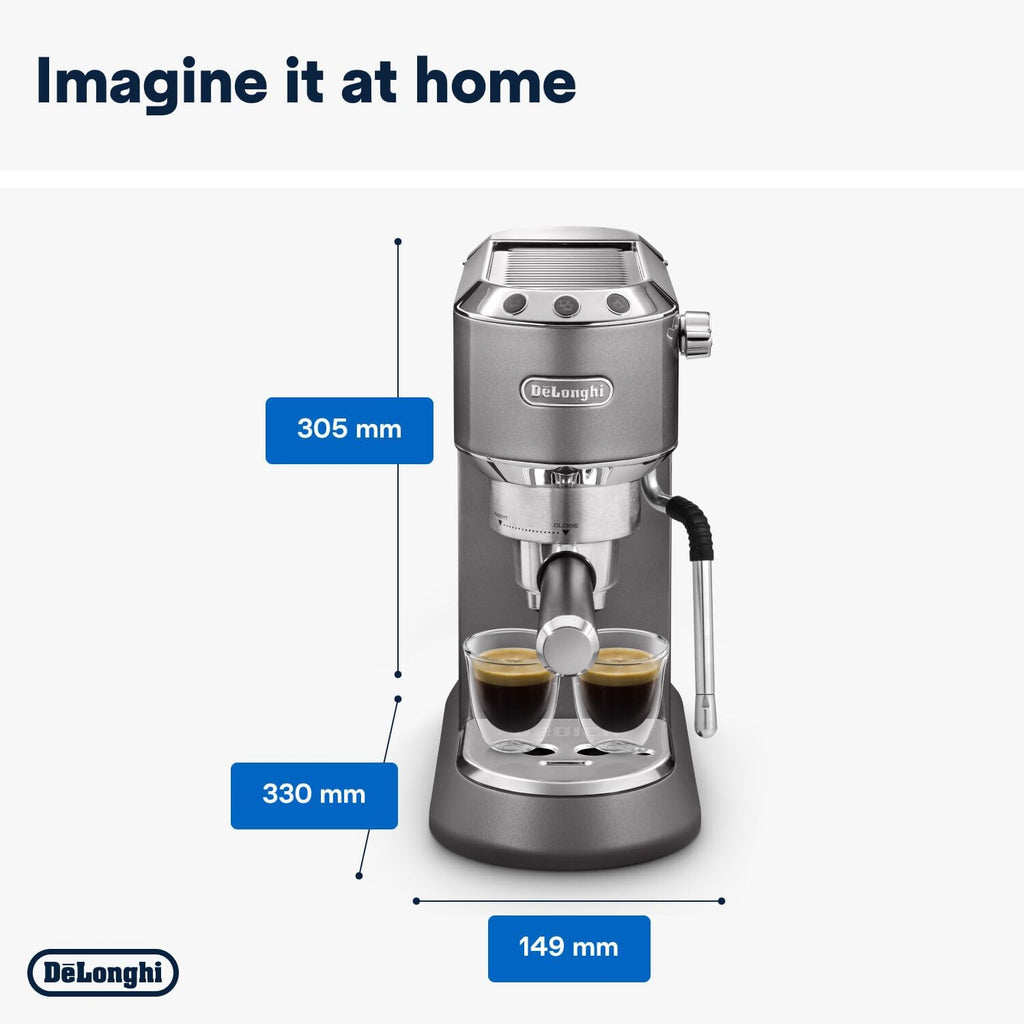 De'Longhi Dedica Style EC 685.M – Espresso Siebtrgermaschine, Espressomaschine mit professionellem Milchaufschumer, nur 15 cm breit, für Kaffeepulver oder ESE Pads, 1 l Wassertank, silber