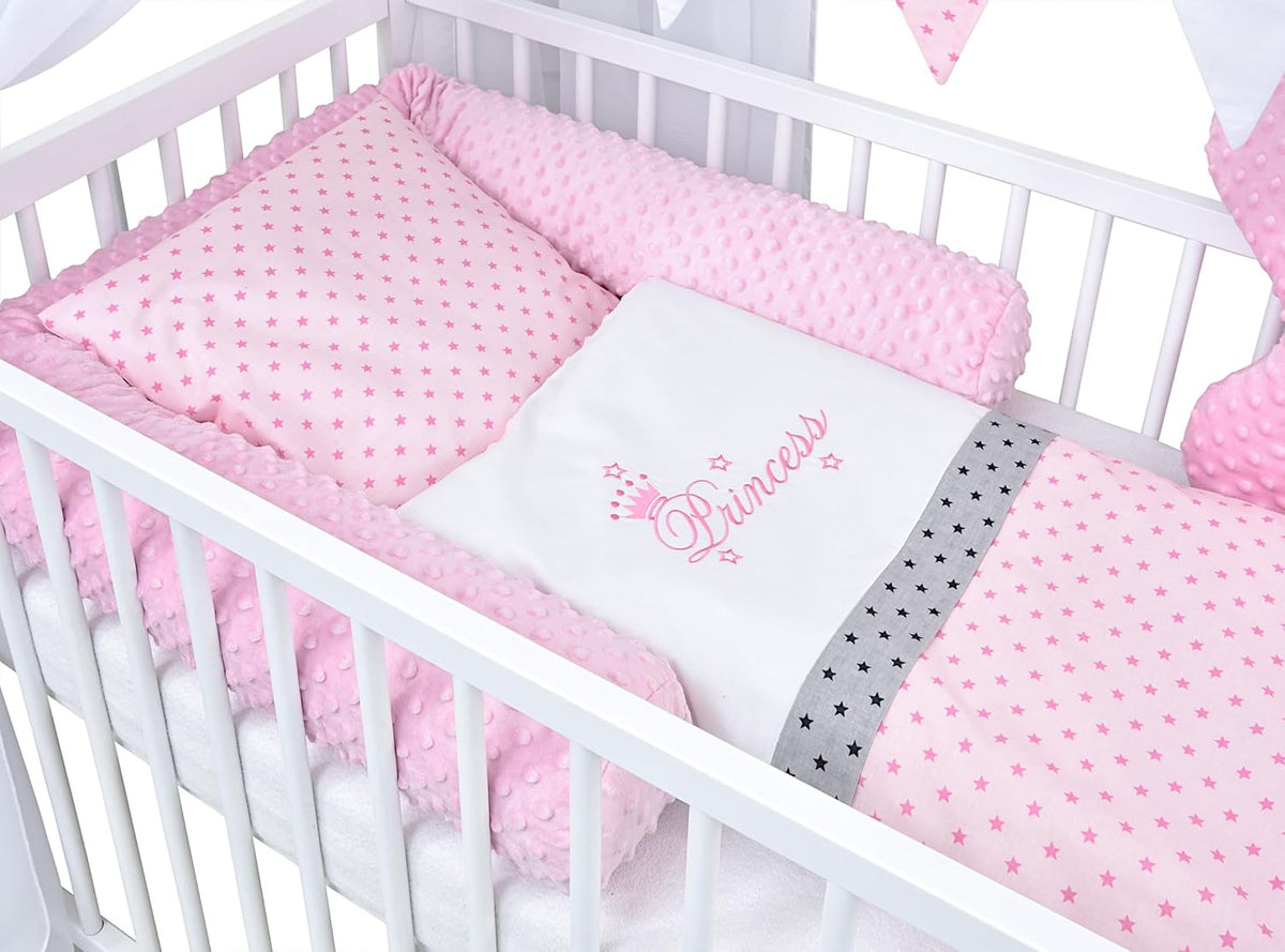 Baby Delux Babybett Komplett Set Hausbett 60x120 cm weiß Schublade Rausfallschutz Kinderbett Matratze Bettwäsche Deko Set (Prince Stars)