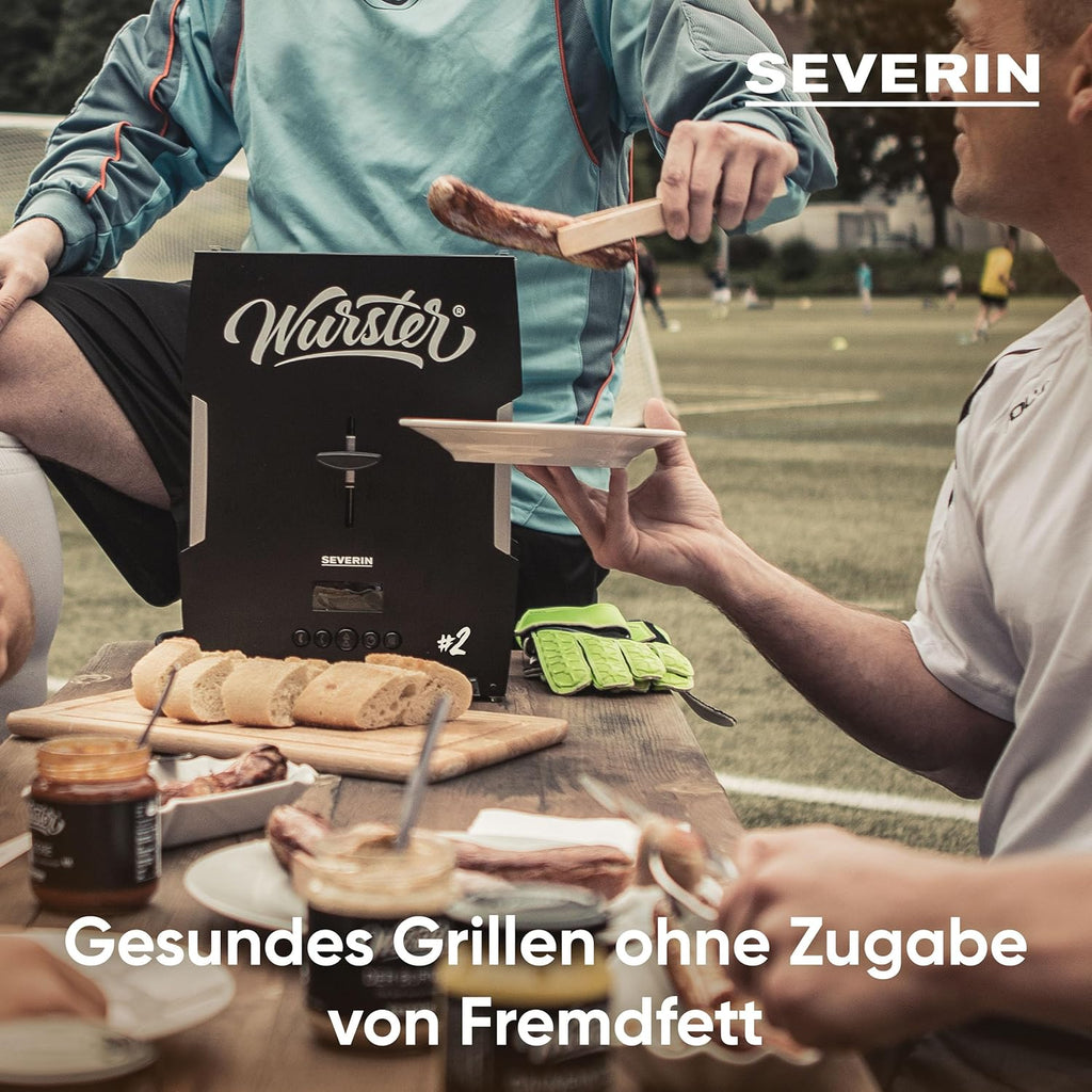 SEVERIN WURSTER, perfekt gebräunte Würstchen auf Knopfdruck in nur 5 Minuten, ohne Zugabe von Fremdfett, inkl. Holzzange, Schwarz, Edelstahl/Kunststoff, WT 5005