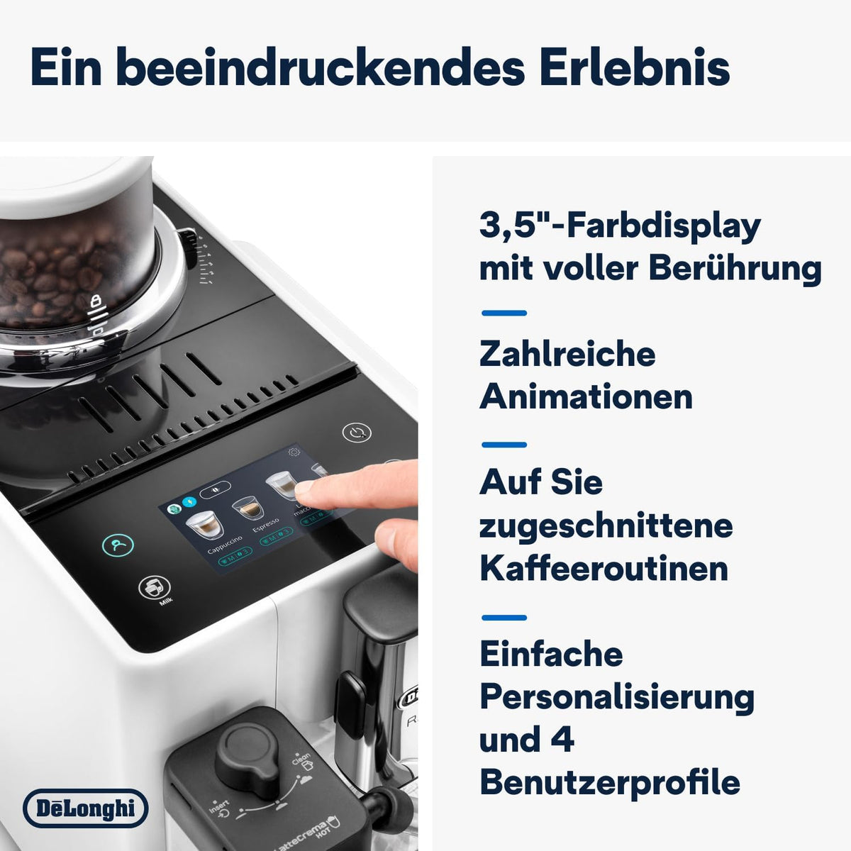 De'Longhi Rivelia EXAM440.55.W Kaffeevollautomat mit LatteCrema Milchsystem, Wechselbarer Bohnenbehälter, 16 Kaffee- & Milchgetränke auf Knopfdruck, Extra-Shot-Funktion, 3,5 Touch-Display, Weiß