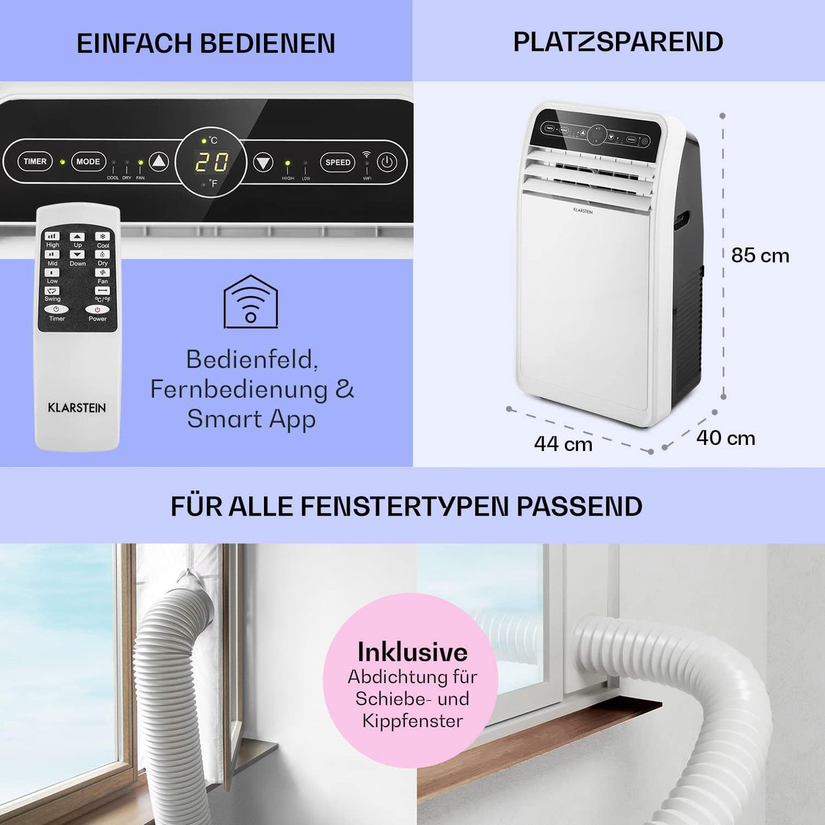 Klarstein Mobile Klimaanlage mit Abluftschlauch, 4-in-1 Klimagerät mit Ventilator, Luftentfeuchter & Nachtmodus, Kleine & Portable Klimaanlage für Wohnung & Büro, Niedriger Verbrauch, 9000 BTU