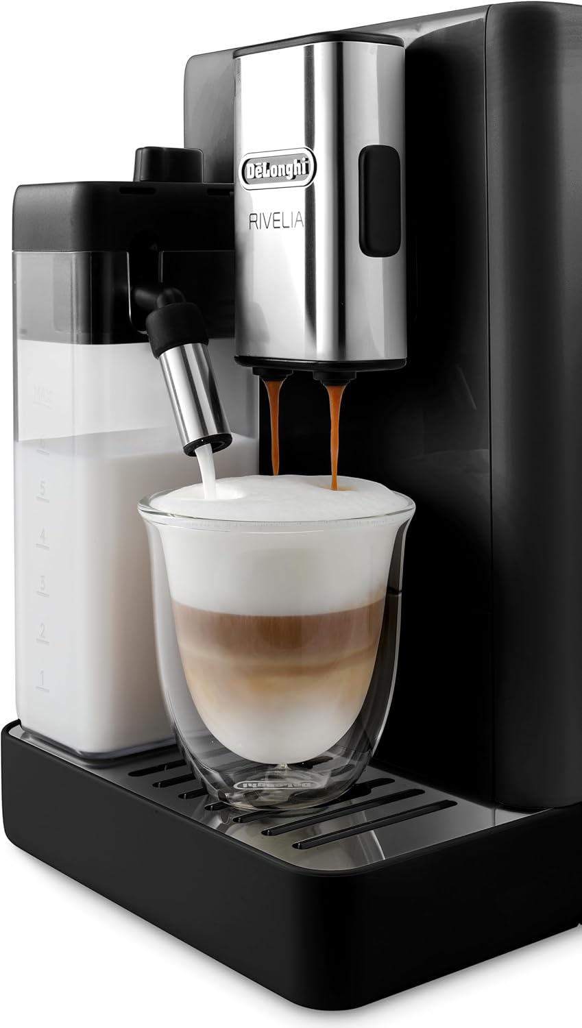 De'Longhi Rivelia EXAM440.55.W Kaffeevollautomat mit LatteCrema Milchsystem, Wechselbarer Bohnenbehälter, 16 Kaffee- & Milchgetränke auf Knopfdruck, Extra-Shot-Funktion, 3,5 Touch-Display, Weiß