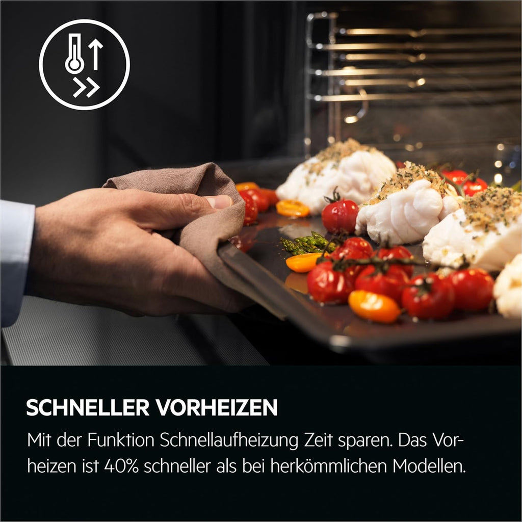 AEG Einbaubackofen – Serie 5 Ringheißluft: Gleichmäßige Garergebnisse auf 3 Ebenen – Pyrolyse Selbstreinigung – 25 Automatikprogramme – LED-Touchdisplay – Schnellaufheizung – Schwarz – BPE53516AB