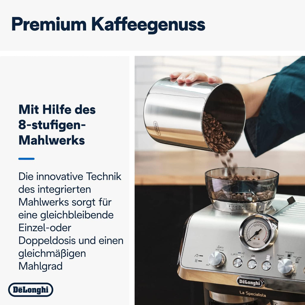 De'Longhi La Specialista Arte EC9155.MB Siebtrgermaschine, Espressomaschine mit Mahlwerk, 8 Mahlgrade, 15 Bar, 3 Temperaturen, Milchschaumdüse, 1300 W, 1,5 l Tank, Edelstahl/Schwarz inkl. Barista-Kit