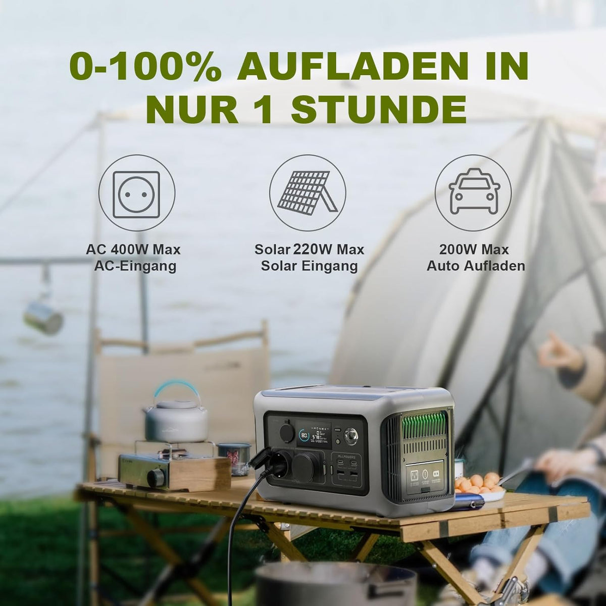 ALLPOWERS Solargenerator R600, 299WH LiFePO4 Batterie, 2x 600W (1200W Spitze) AC Ausgang Tragbare Powerstation mit 100W Solarpanel, Mobile Stromversorgung für Garten Reise Camping Wohnmobil Notfall