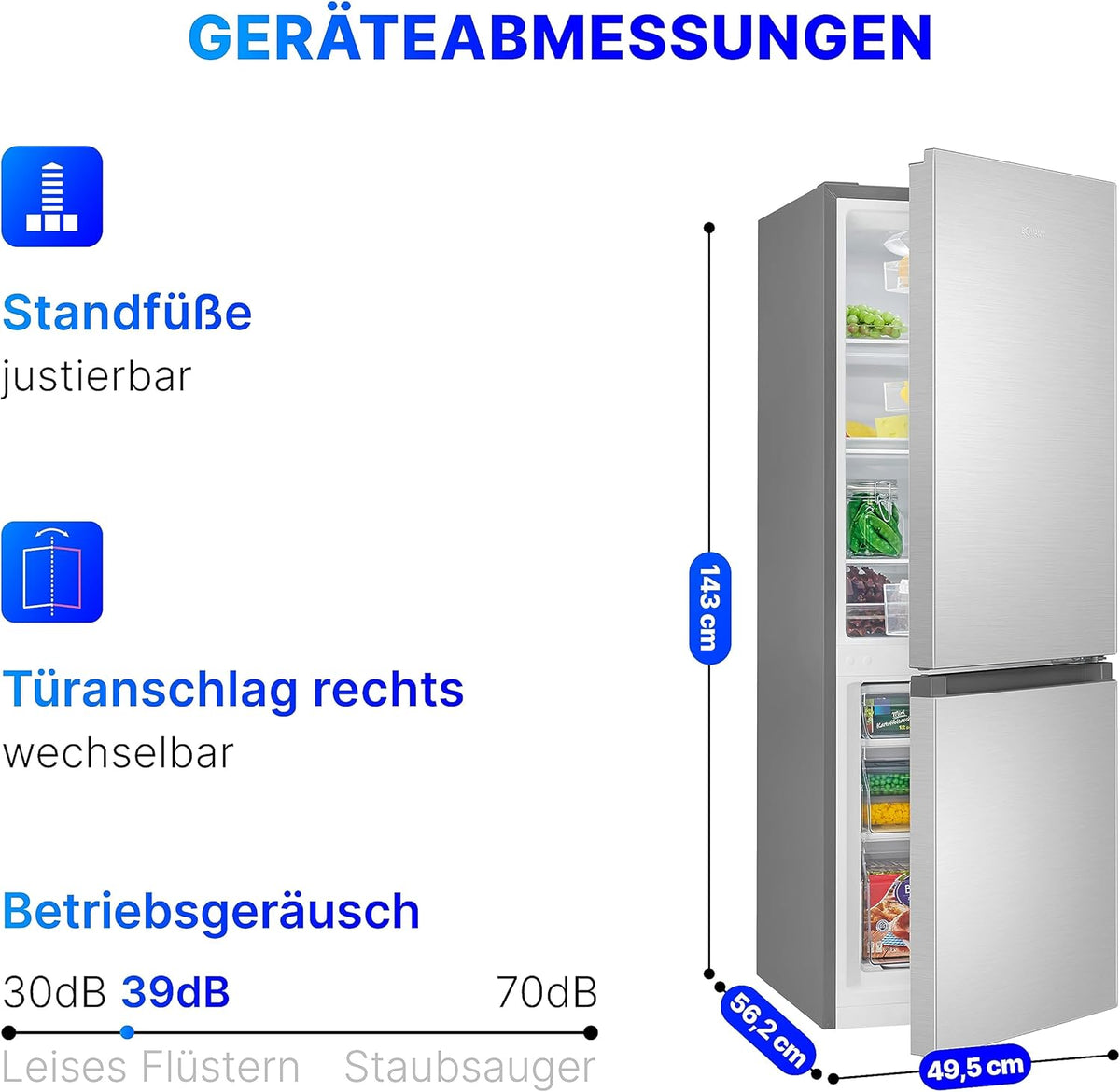 Bomann® Kühlschrank mit Gefrierfach 143cm hoch | Kühl Gefrierkombination 175L mit 3 Ablagen & 3 Schubladen | Türanschlag wechselbar | leise Kühlgefrierkombi 39db | Kühlschrank KG 322.1 inox-look