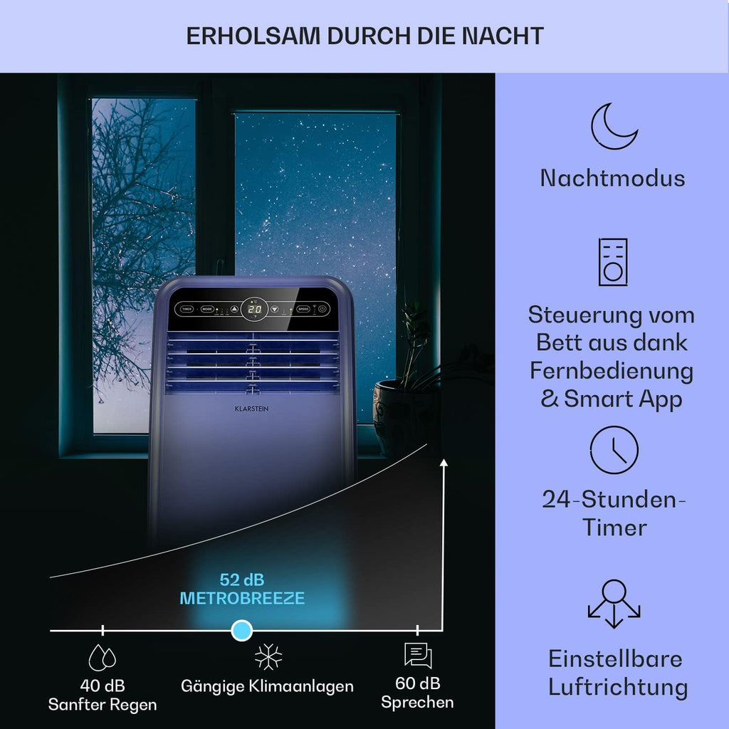 Klarstein Mobile Klimaanlage mit Abluftschlauch, 4-in-1 Klimagerät mit Ventilator, Luftentfeuchter & Nachtmodus, Kleine & Portable Klimaanlage für Wohnung & Büro, Niedriger Verbrauch, 9000 BTU