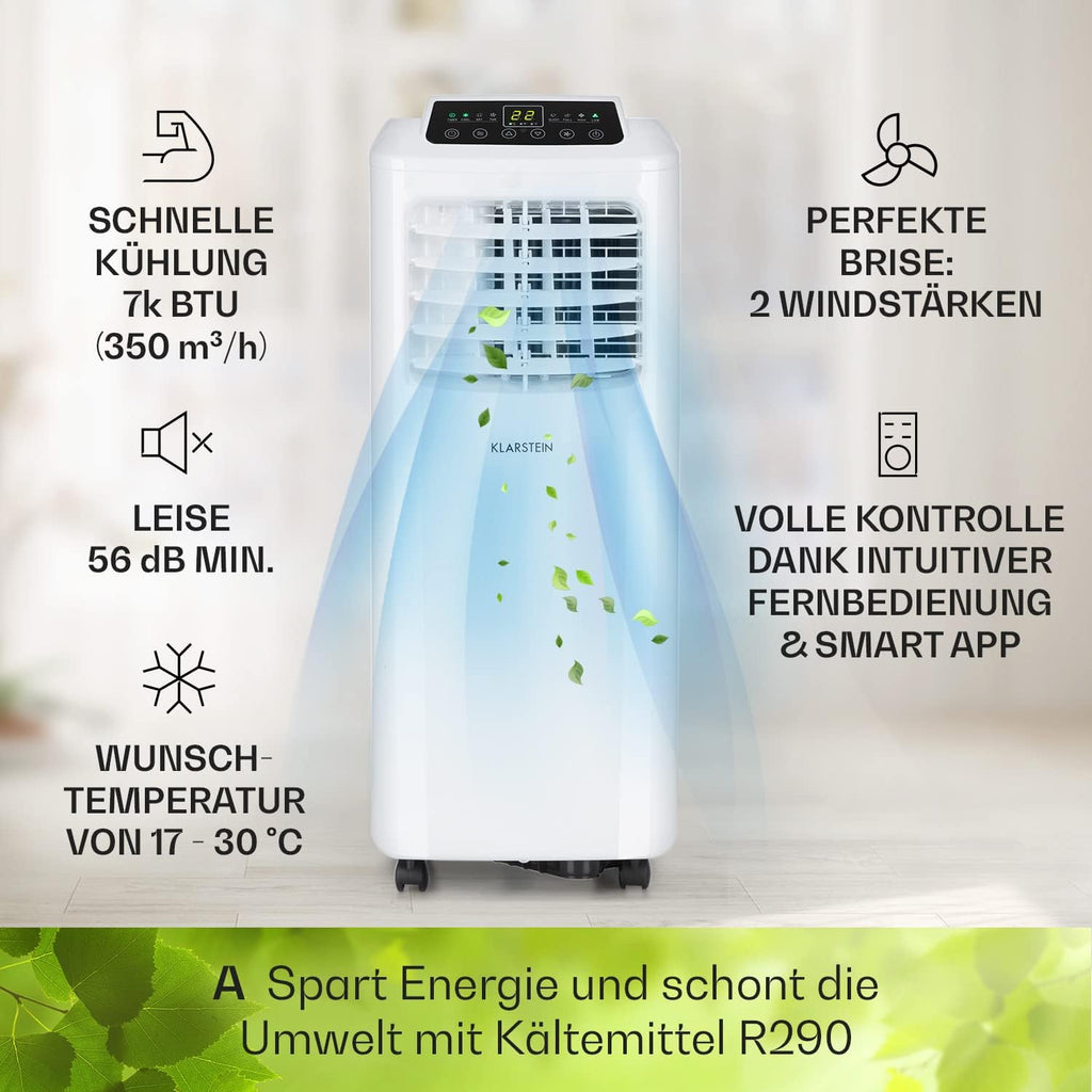Klarstein Klimaanlage, 4-in-1 Klimagerät, Entfeuchter, Ventilator & Nachtmodus, Mobile Klimaanlage mit Abluftschlauch, App-Steuerung, Air Conditioner für Räume bis 44 m², 9000 BTU, Weiß