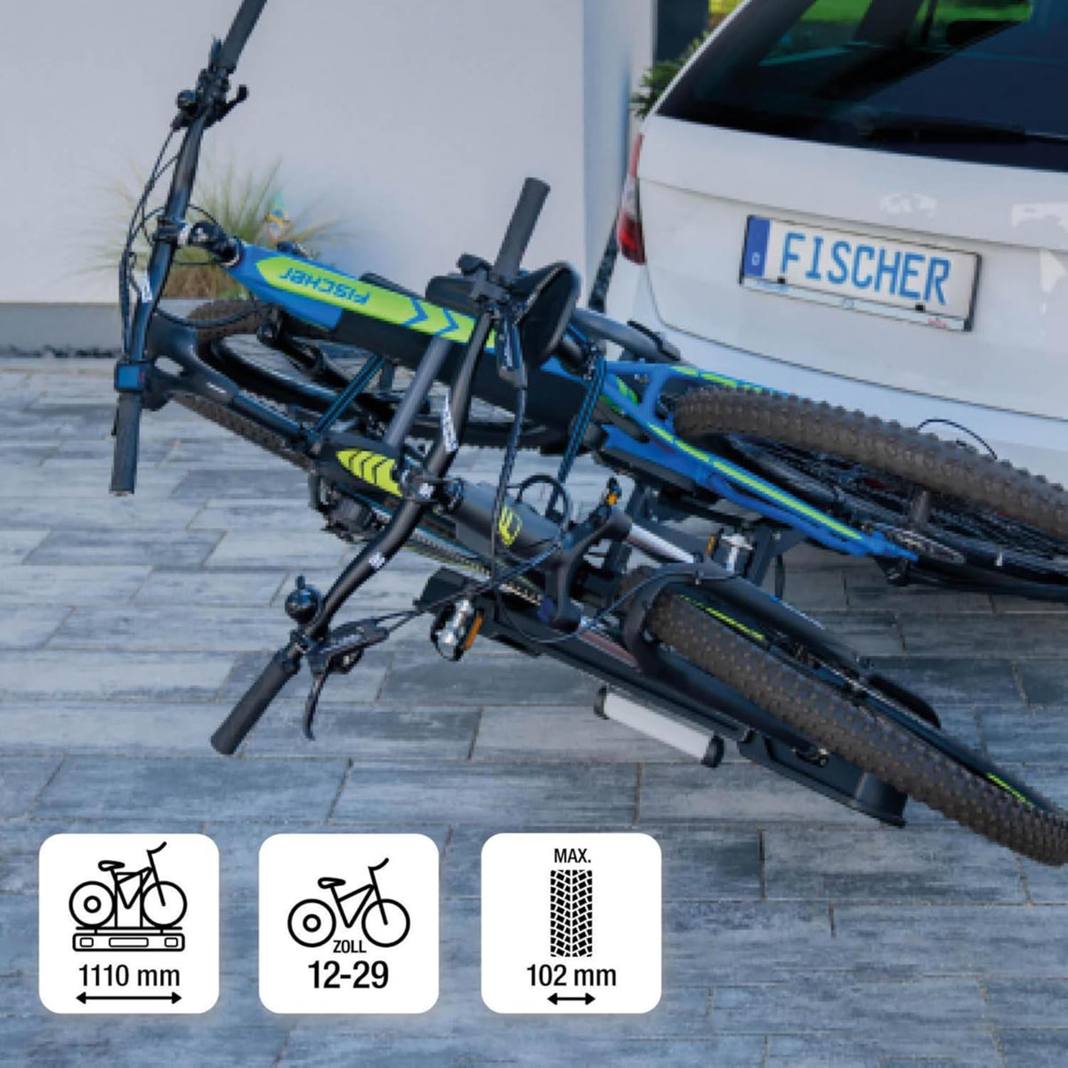 Fischer Kupplungs-Fahrradträger ProlineEvo 2, für 2 Fahrräder bis 60kg Nutzlast, E-Bike geeignet, vormontiert, abschließbar, faltbar