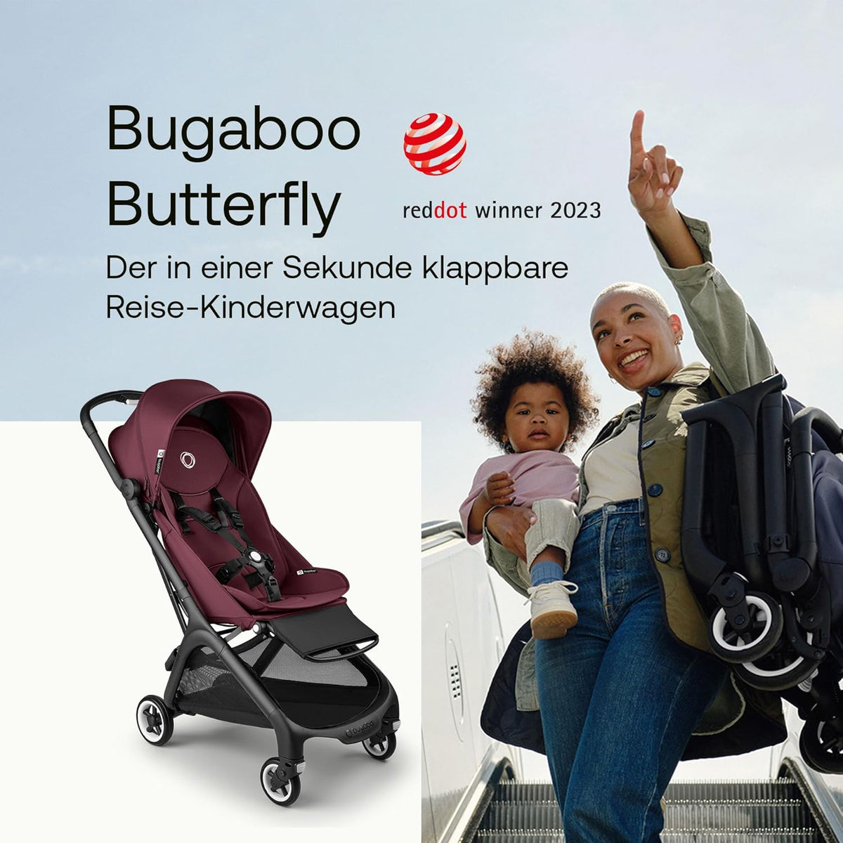 Bugaboo Butterfly ultrakompakter Reise-Kinderwagen, klein & leicht, einhändig faltbar und einfach zu lenken, ergonomischer City-Buggy für Babys ab 6 Monaten, mit viel Stauraum, Stormy Blue