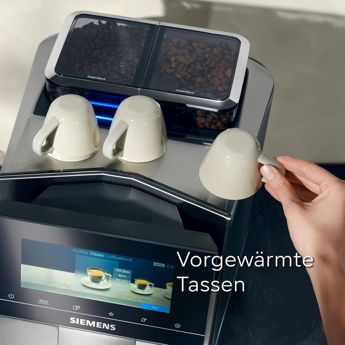 Siemens Kaffeevollautomat EQ900 TQ903D03, App-Steuerung, intuitives Full-Touch-Display, Barista-Modus, AromaBoost, Geräuschreduzierung, Premiummahlwerk, automatische Dampfreinigung, 1500 W, edelstahl