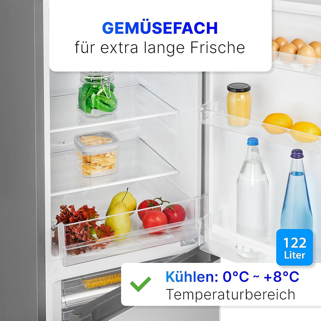 Bomann® Kühlschrank mit Gefrierfach 143cm hoch | Kühl Gefrierkombination 175L mit 3 Ablagen & 3 Schubladen | Türanschlag wechselbar | leise Kühlgefrierkombi 39db | Kühlschrank KG 322.1 inox-look