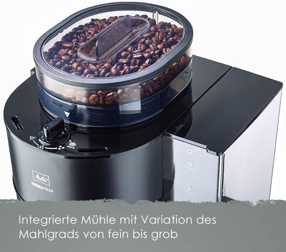 Melitta AromaFresh - Filterkaffeemaschine - mit Glaskanne - integriertes Mahlwerk - Timer Funktion - 10 Tassen - Pure Black