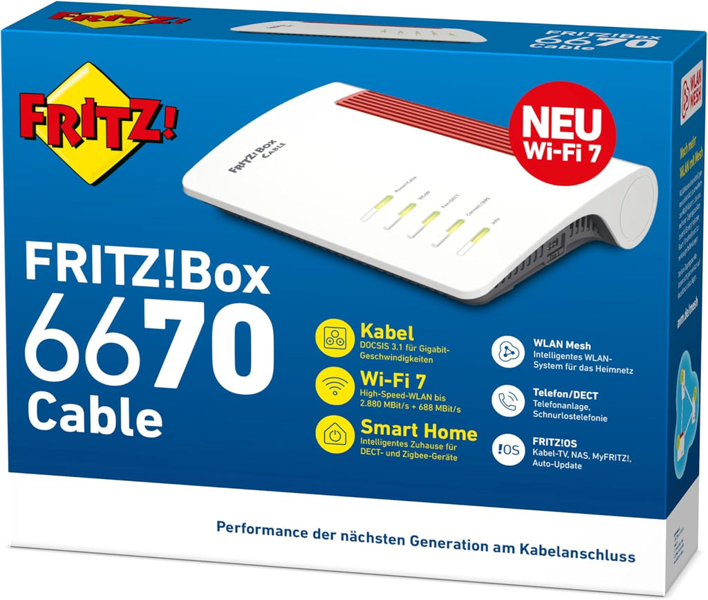 FRITZ!Box 6670 Cable | Router für einen Kabelanschluss (DOCSIS-3.1-Kabelmodem, 2x2 Wi-Fi 7 mit 2.880 MBit/s (5 GHz) und 688 MBit/s (2,4 GHz), Zigbee Integration 1 x 2,5 Gigabit-LAN-Port)