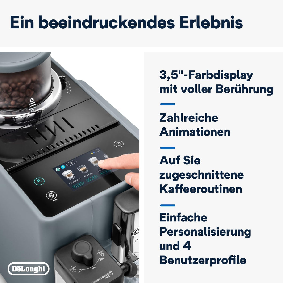 De'Longhi Rivelia EXAM440.55.W Kaffeevollautomat mit LatteCrema Milchsystem, Wechselbarer Bohnenbehälter, 16 Kaffee- & Milchgetränke auf Knopfdruck, Extra-Shot-Funktion, 3,5 Touch-Display, Weiß